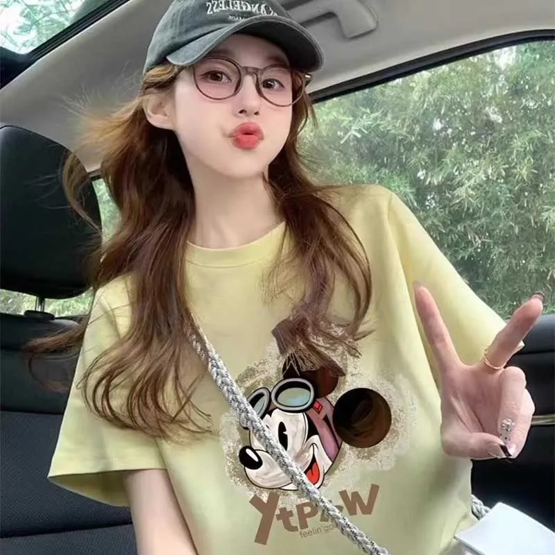 

Женская футболка, новинка лета, женская футболка в американском винтажном стиле с принтом Микки, свободный крой, повседневная, с коротким рукавом.