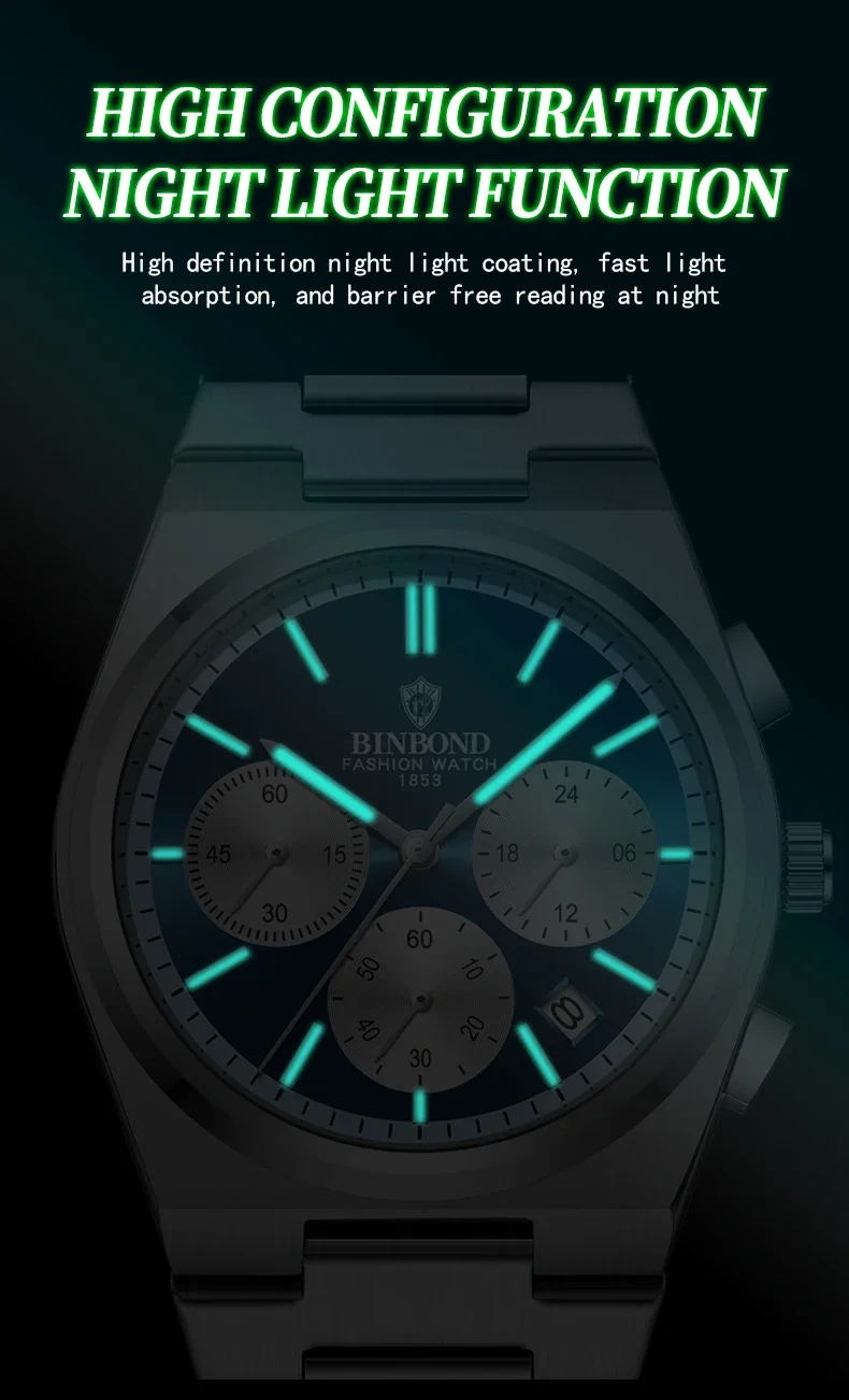 BINBOND Fashion orologio al quarzo da uomo sportivo tre occhi sei aghi bagliore impermeabile orologio con codice di temporizzazione in acciaio inossidabile orologio da uomo