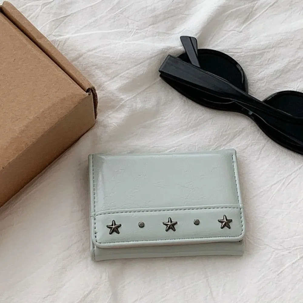 INS PU Star Rivet Trifold Wallet Compact Size Ultra Thin Coin Pocket Multiple Slots Solid Color Cash Wallet Commute