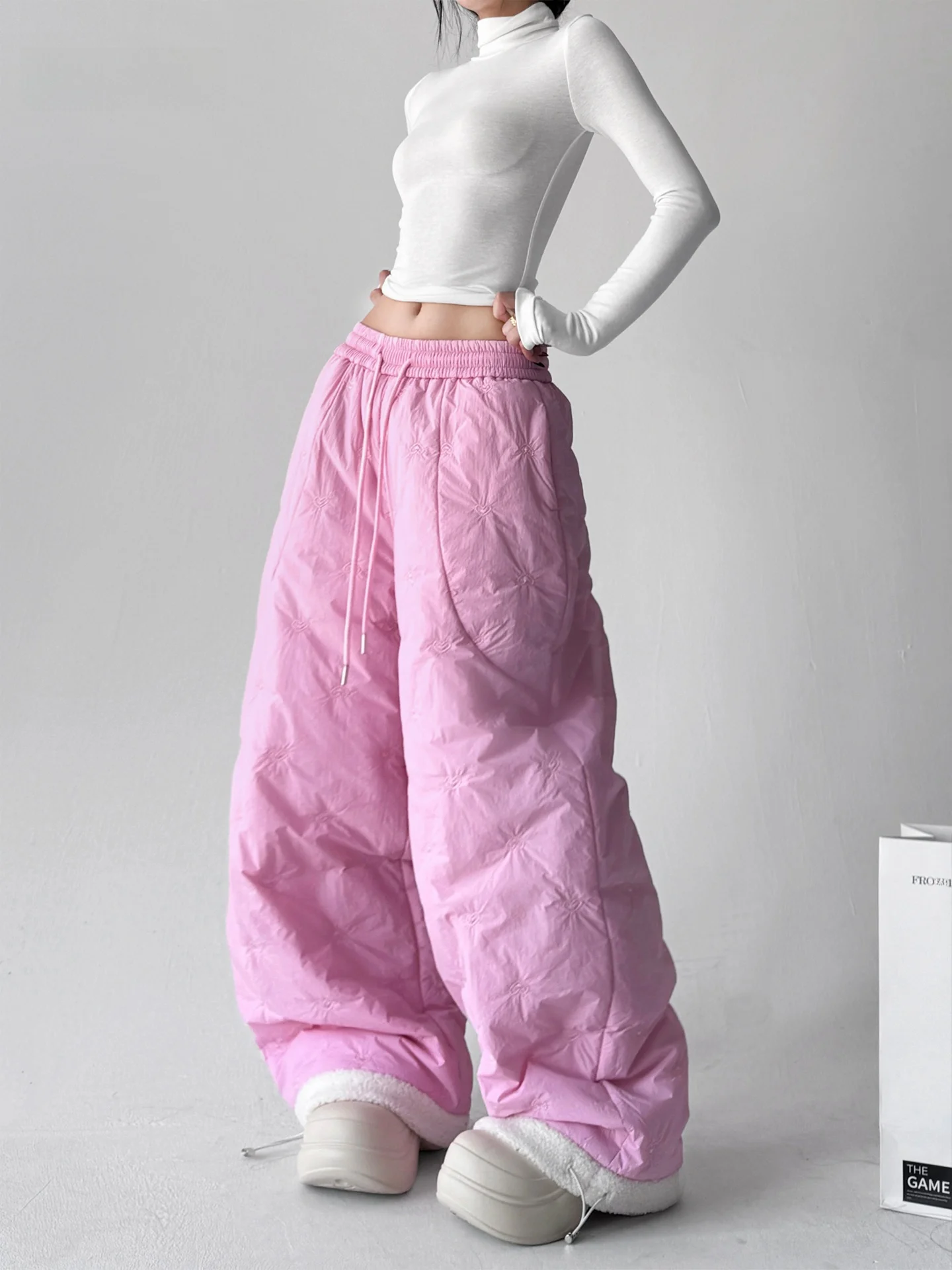 

Pink Fce Lined Thiened Straight Leg Winter Cotton Pants Women's High Waist Diamond Patterned Wide Leg Trousers Casual Sle