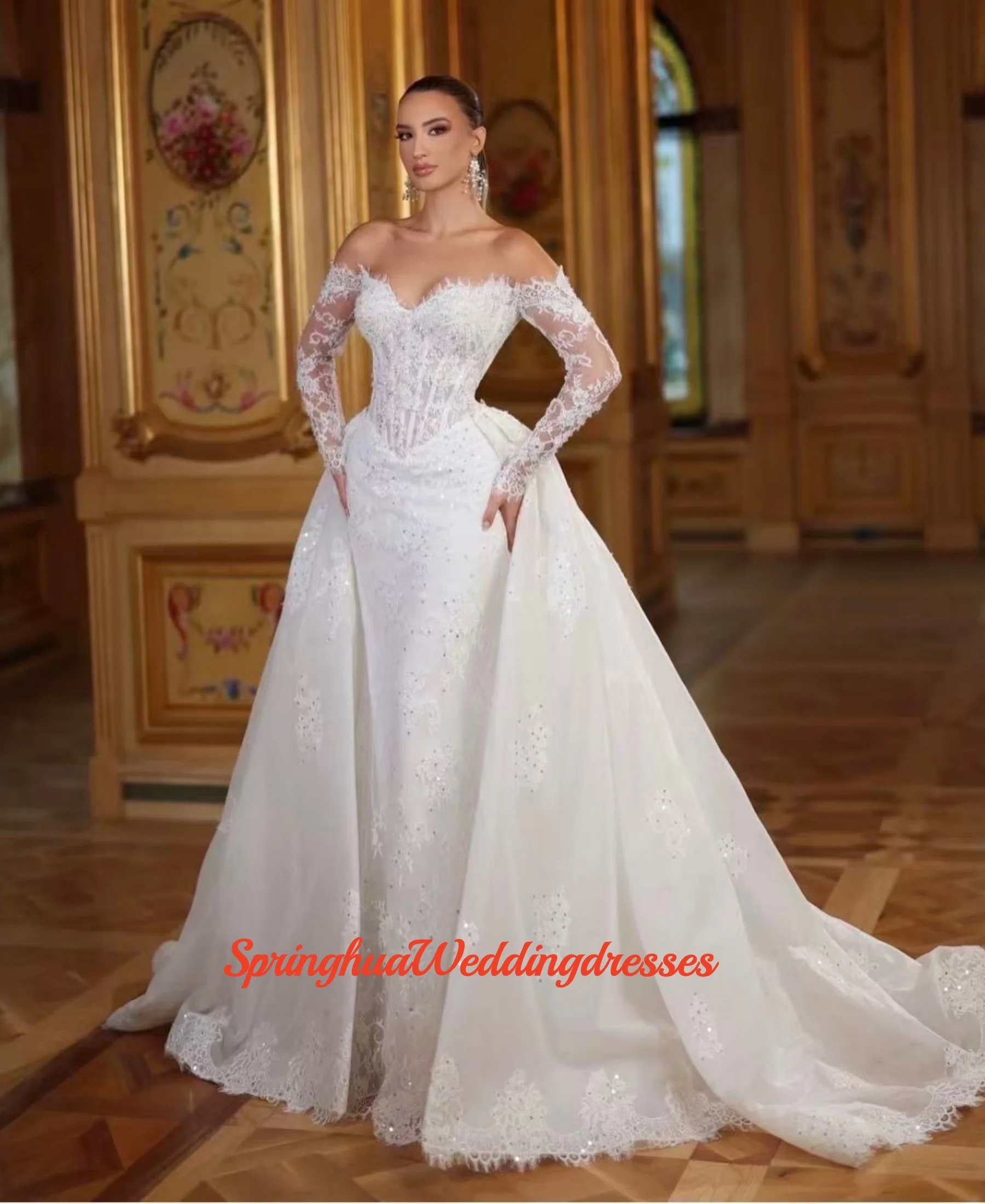 Customized Appliques Crystal Long Sleeves Wedding Dress 2026 Mermaid Floor Length Detachable Sweep Train Bridal Vestido De Novia