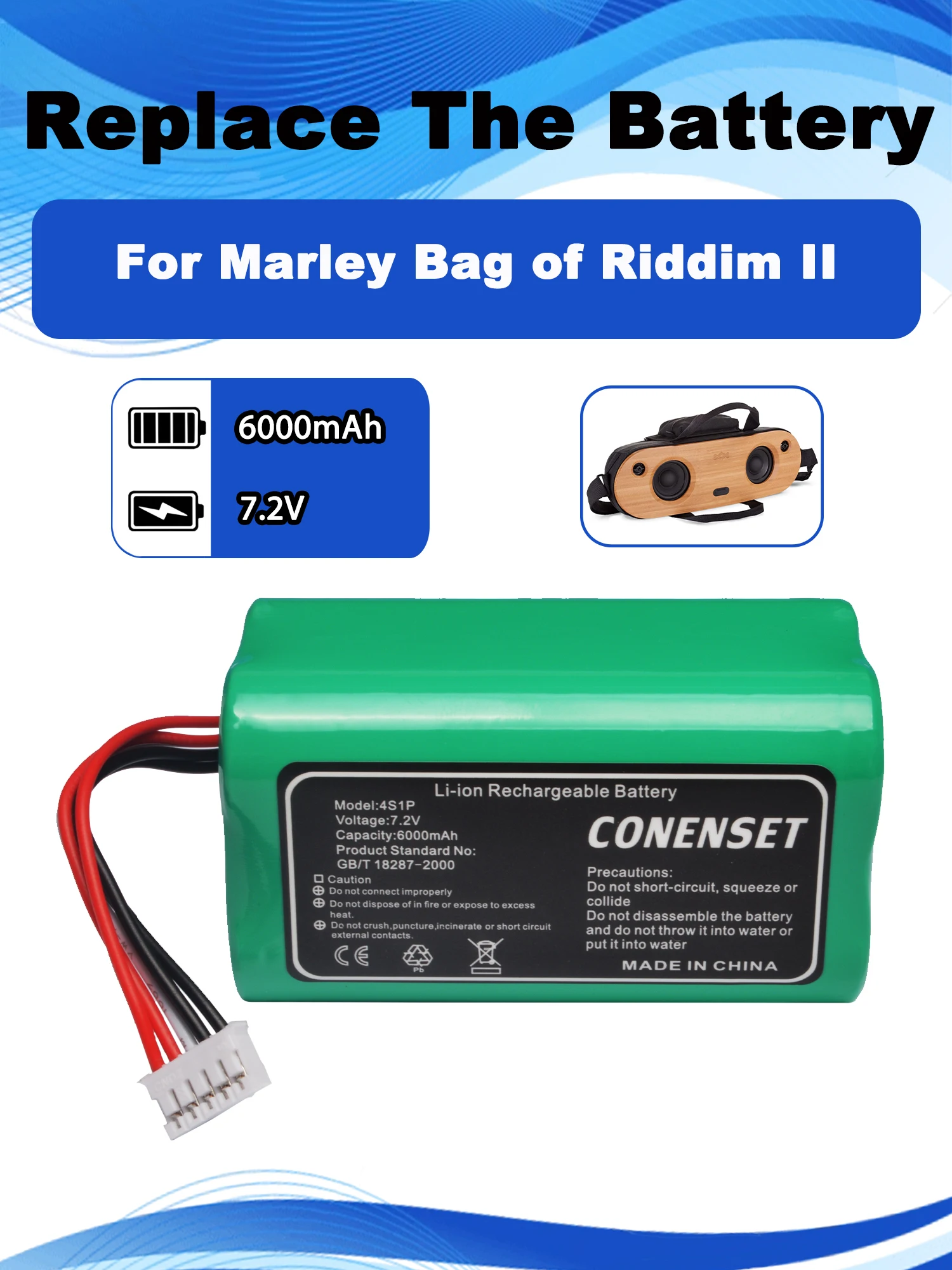 7,2V 6000mAh Ersatzakku für den Lautsprecher des House of Marley Bag of Riddim II, Bluetooth-Teile und Zubehör.