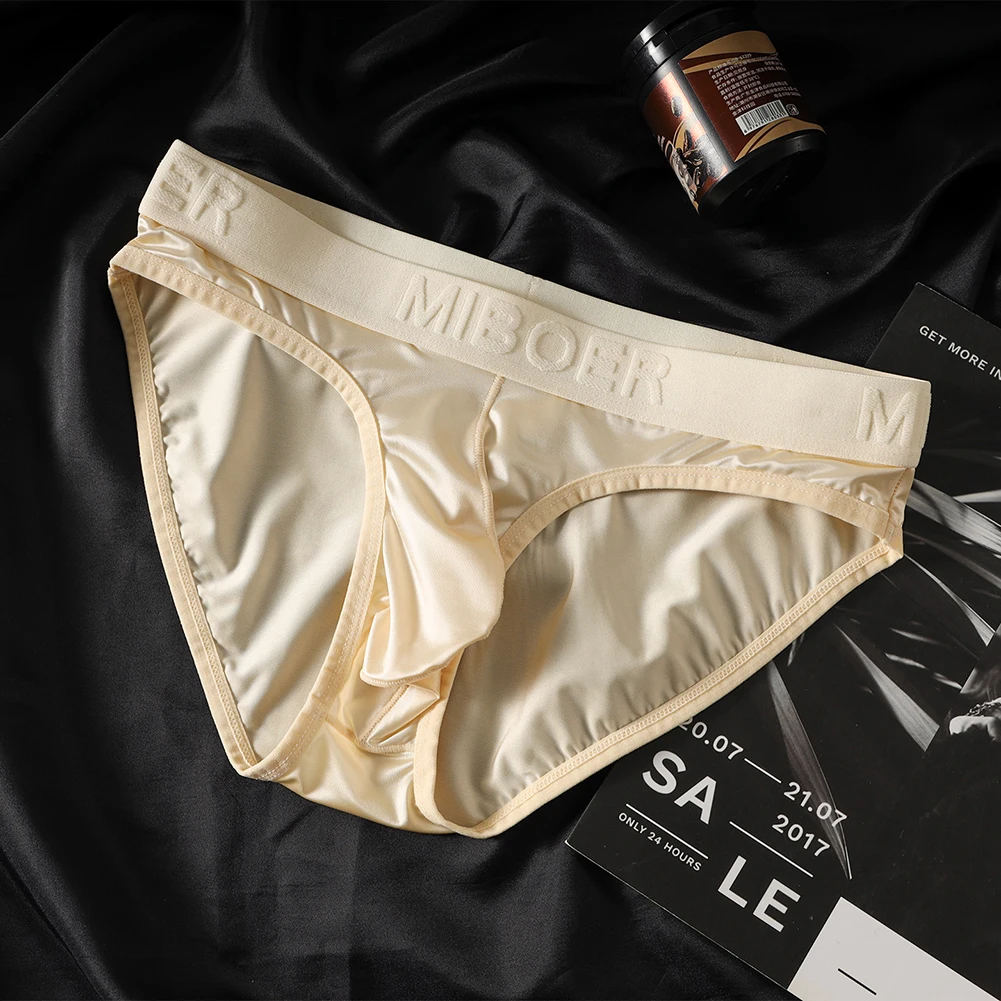 Mens Briefs Ice Silk Satin-like Elastic Underwear Bulge Pouch Lingerie Breathable Smooth Thong Solid Underpants Sexy Tоy Mens