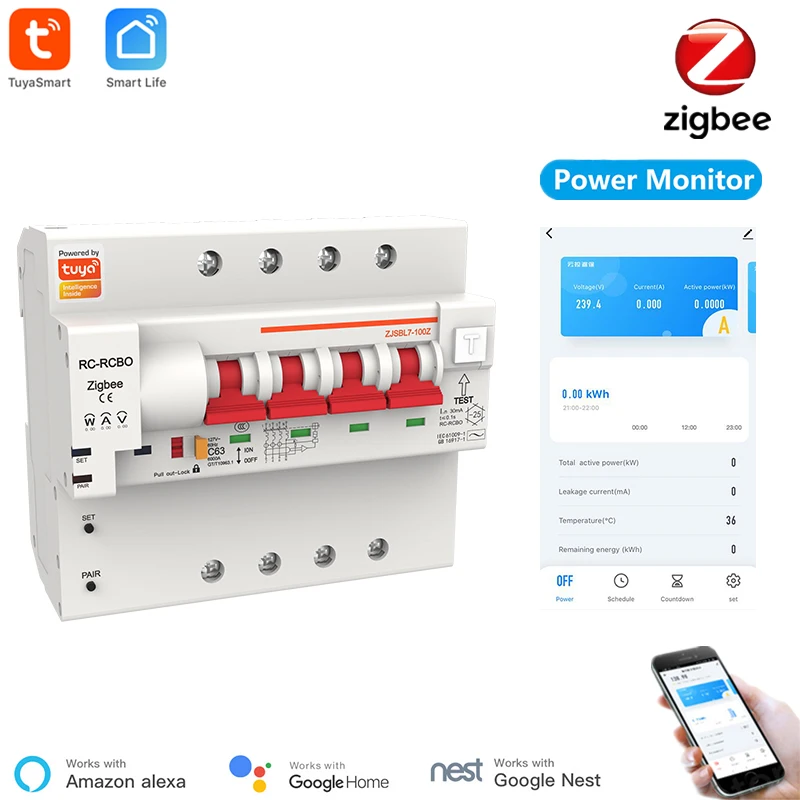 4P RCBO Zigbee Smart Circuit Breaker Energy monitoring and meter function for Alexa and Google home Wireless Leakage Protection