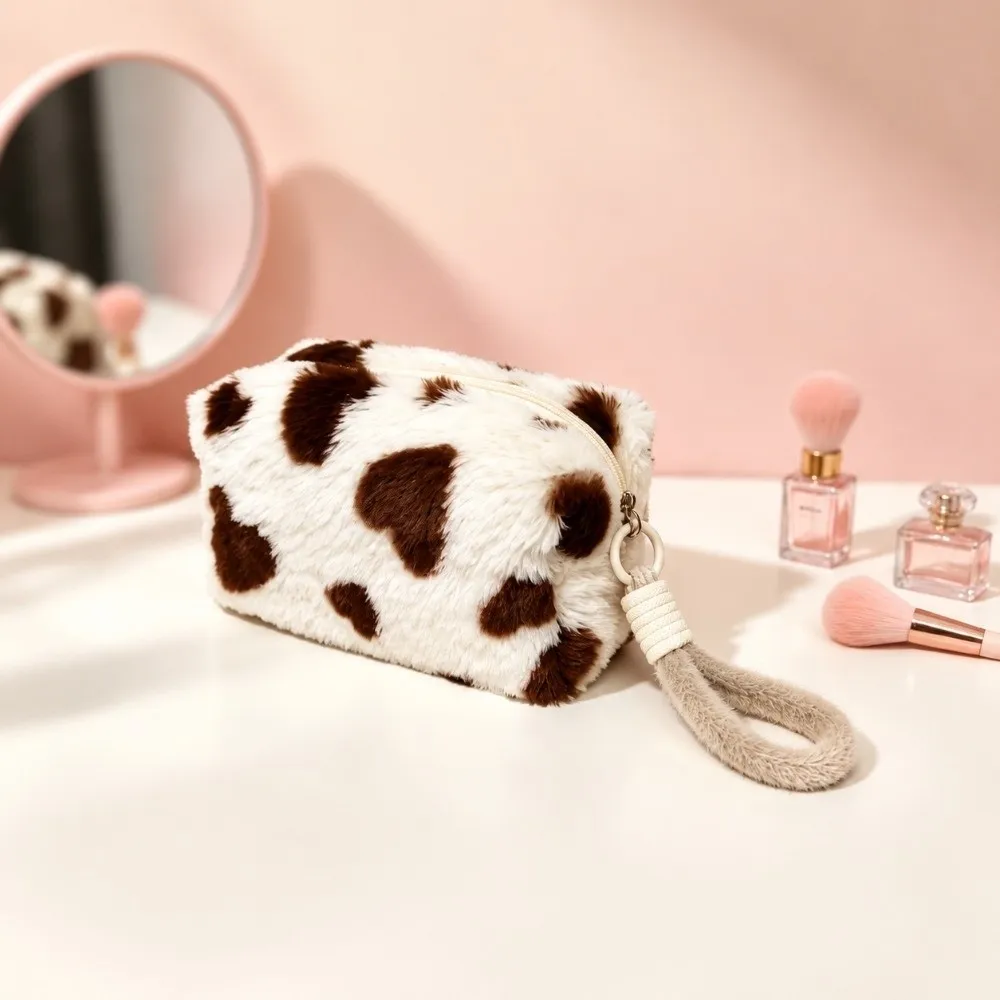 Cute Soft Makeup Bags Heart Pattern With Handle Cosmetic Storage Bag Portable Large Capacity Pencil Case Clutch Travel