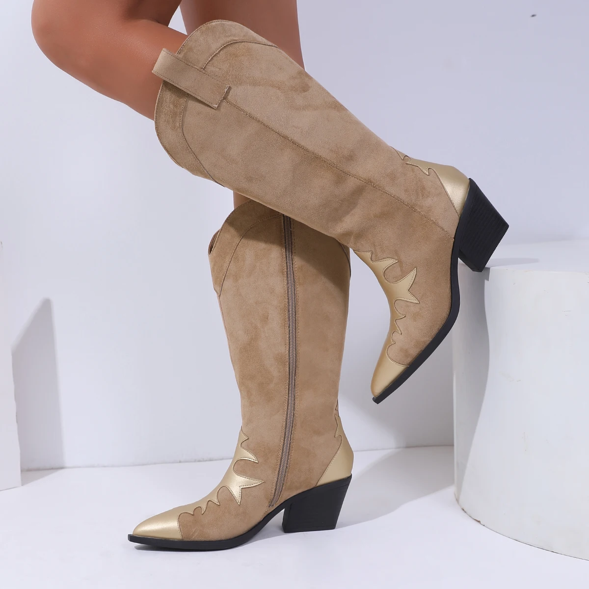 

2025 New Women's Denim Knee-High Boots Suede Pointed Toe Chunky Heel Side Zipper Long Boots Western Style Boots Retro Party Boots