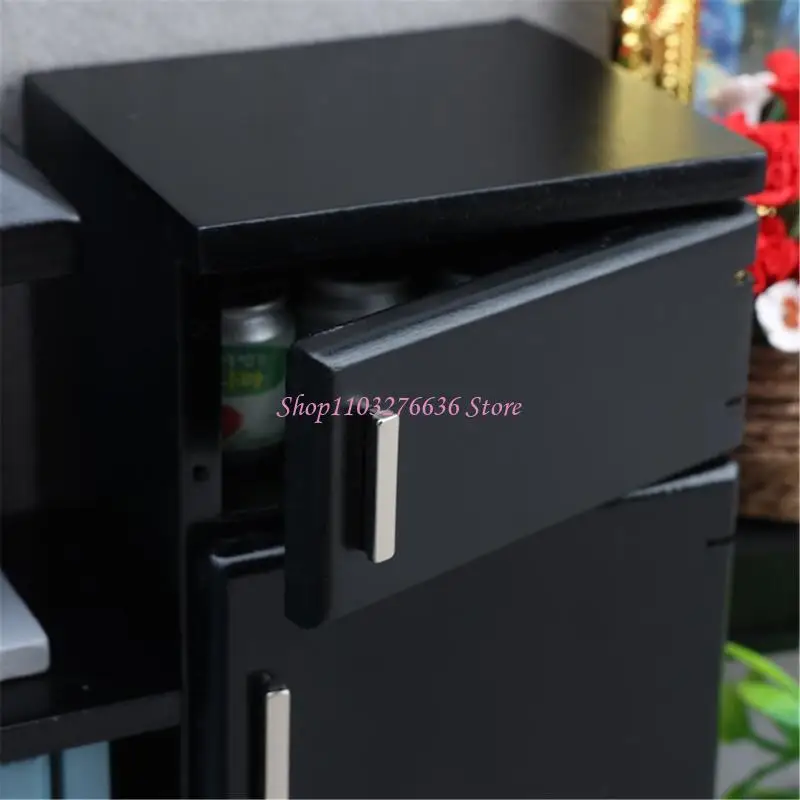 ثلاجة R6FD لبيوت الدمى، قطعة زخرفية خشبية سوداء لمشهد صغير