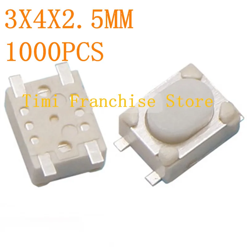 1000 Chiếc 3X4X2.5MM 3*4*2.5H SMD Xúc Giác Lược Nút Ấn Công Tắc 3X4 3*4 4Pin cảm Ứng Chuyển Đổi Micro Trắng