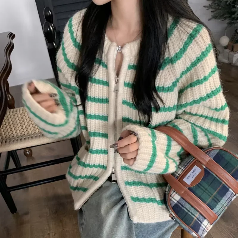 Green Striped Zipper Knit Cardigan Women Autumn Winter Casual Loose Sweater Top Thicken Simple Style Warm Coat Female Knitwear