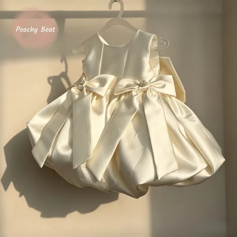 Robe Tutu Princesse Bébé Fille avec Nœud Perlé, Robe de Bal Vintage pour Nourrisson, Tout-Petit et Enfant, Tenue de Fête d'Anniversaire, Vêtements pour Bébé 1-12 Ans