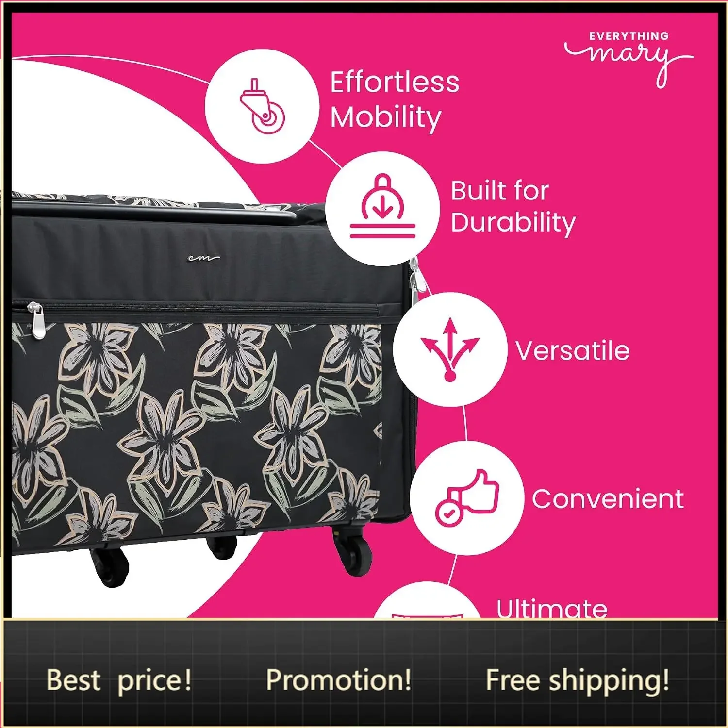 Brand new fast shippingBestsellerJumbo Rolling Sewing Machine Case - Black Floral Organizer with 5 Heavy-Duty Wheels - Compatibl