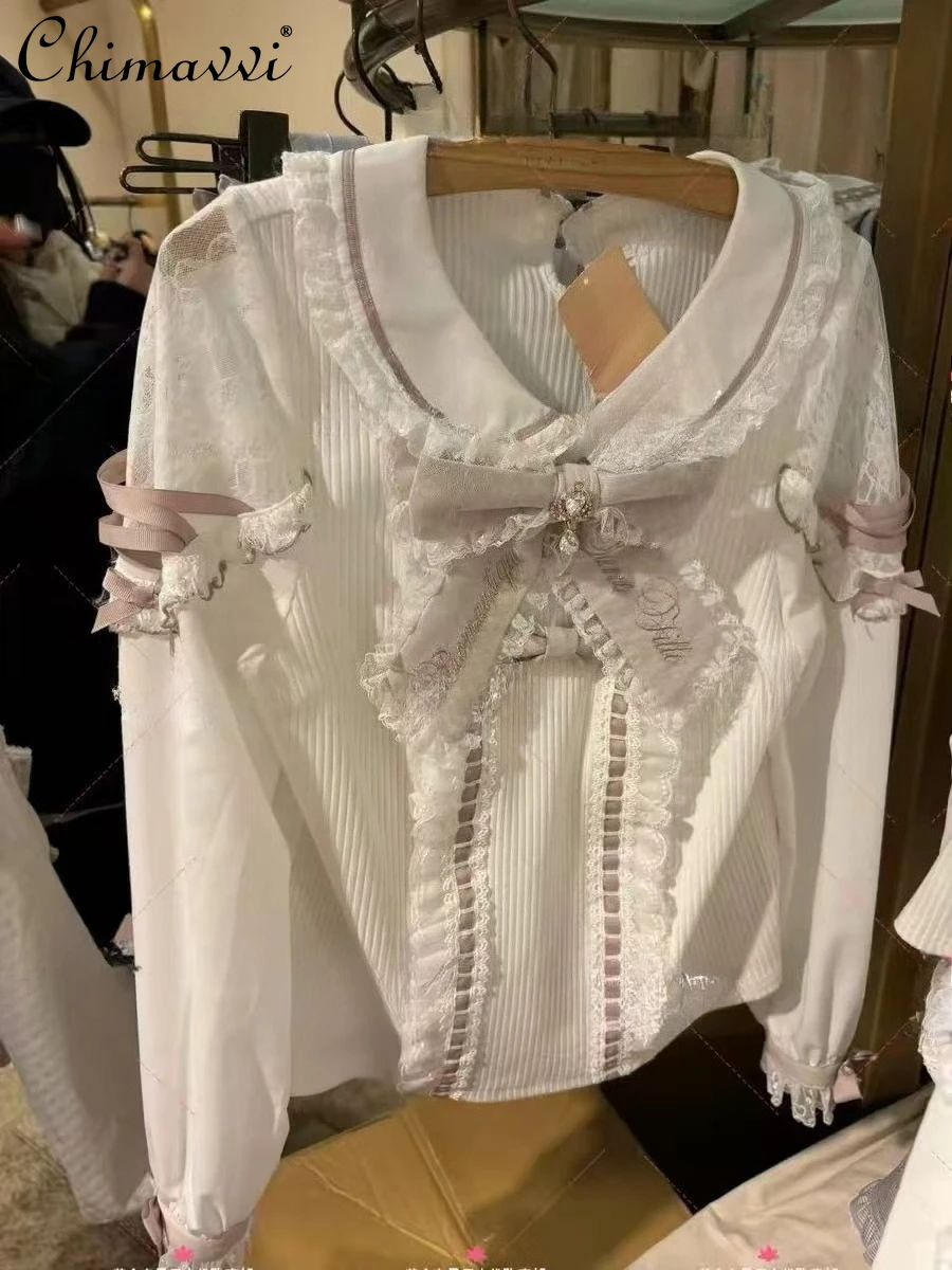 

Liz Japanese Mass-produced Knitwear Spring and Autumn Sweet Embroidered Bow Color-blocked Ribbon Long Sleeve Lolita Sweater Top