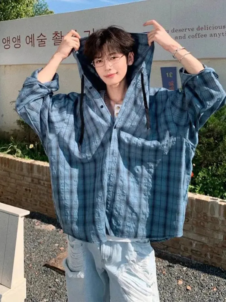 

Blue Plaid Ice Silk Long Sleeve Men's Shirt with Hood American Retro Bubble Cloth Sun Protection Casual Style Fashion Shirt