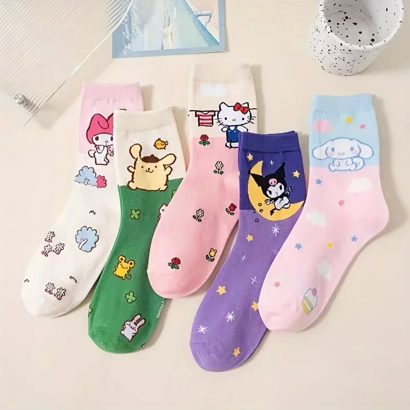 5 Pairs Sanrio Melody Kuromi Socks, Kawaii Hello Kitty College Style Mid Tube Socks, Women's Gilrs Stockings & Hosiery Whosale