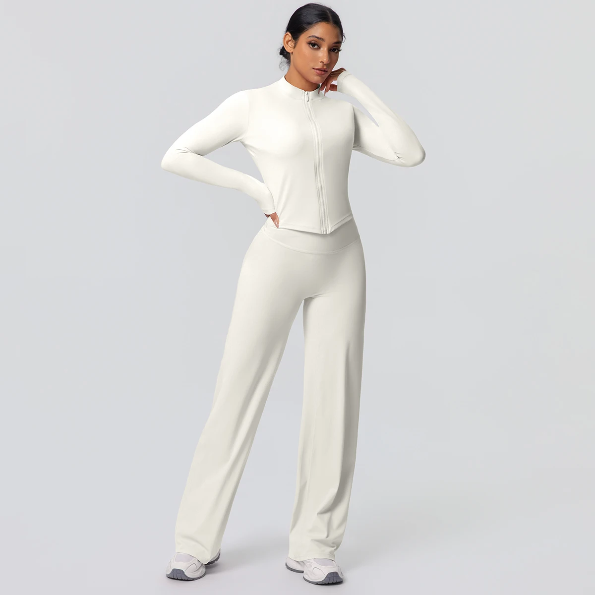 2 stück Schnell Trocknend Sport Fitness Kleidung Yoga Set Frauen Yoga Zipper Lange Ärmel Hohe Taille Atmungsaktive Breite Bein Hosen set – Detail 26