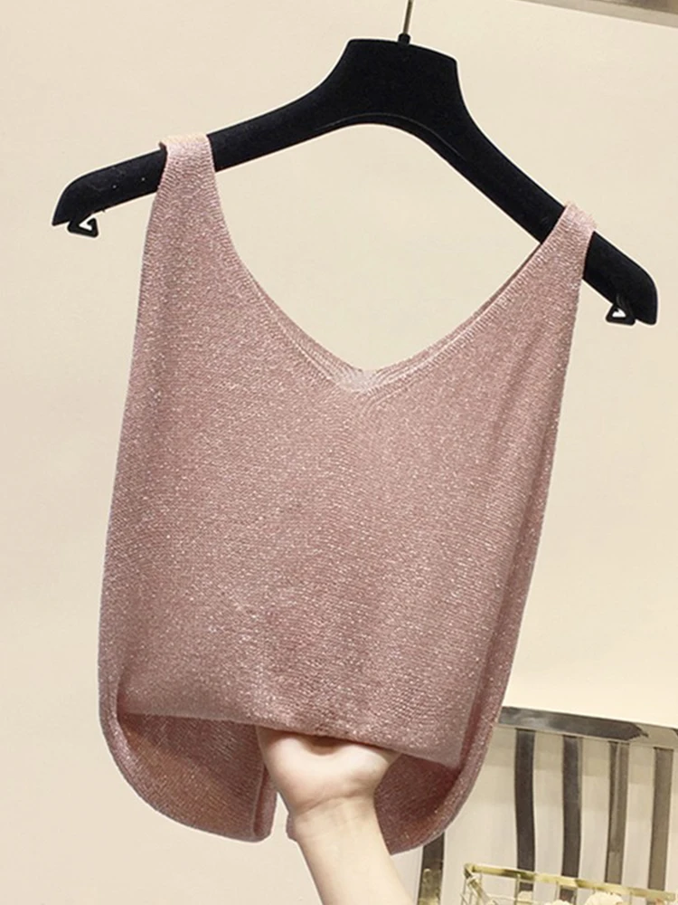 Women's Ice Silk Strap Vest Knitted Loose Sexy Bright Thread Summer Outerwear Fashionable Sun Protection V-Neck Sleeveless Top