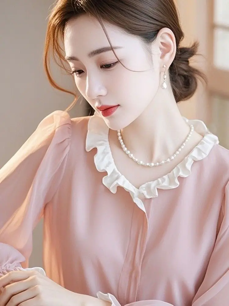 New Unique and Beautiful Top with a Light Luxury and High-end Feel French Temperament Commuting Pink Long Sleeved Shirt For