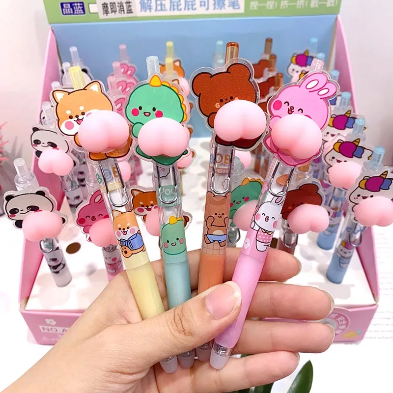 36pcs/lot Cartoon Animal Butt Erasable Gel Pen Rabbit Bear 0.5mm Blue Ink Neutral Pens Promotional Gift Office School Supplies