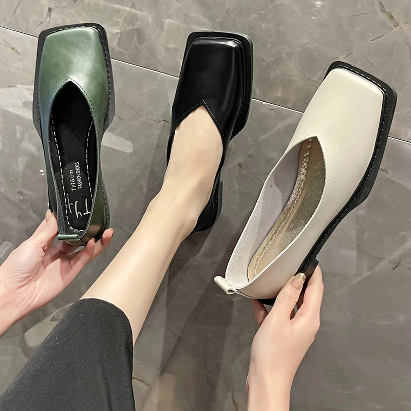 2024 Flat Shoes Women Square Toe Single Shoes Simple Temperament Leather Shoes Spring Autumn 4 Colors