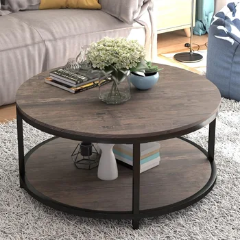 Image Round Coffee Table,36" Coffee Table for Living Room,2-Tier Rustic Wood Desktop with Storage Shelf Modern Design Home