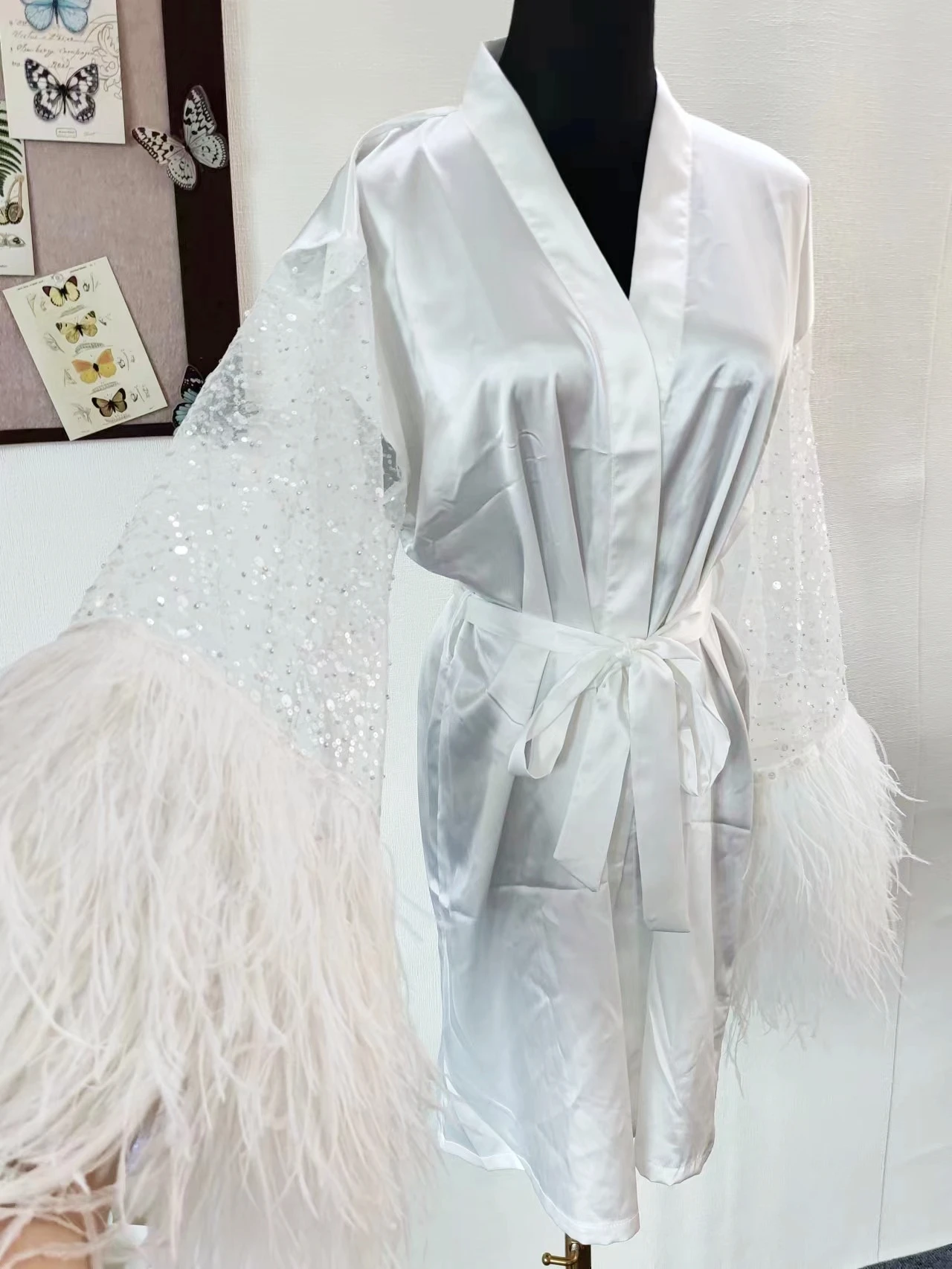 

Diamond Feather Dressing Gown Luxury Bridal Short Robe Wedding Day Silk Satin White Boudoir Robe Bride to be Lingerie