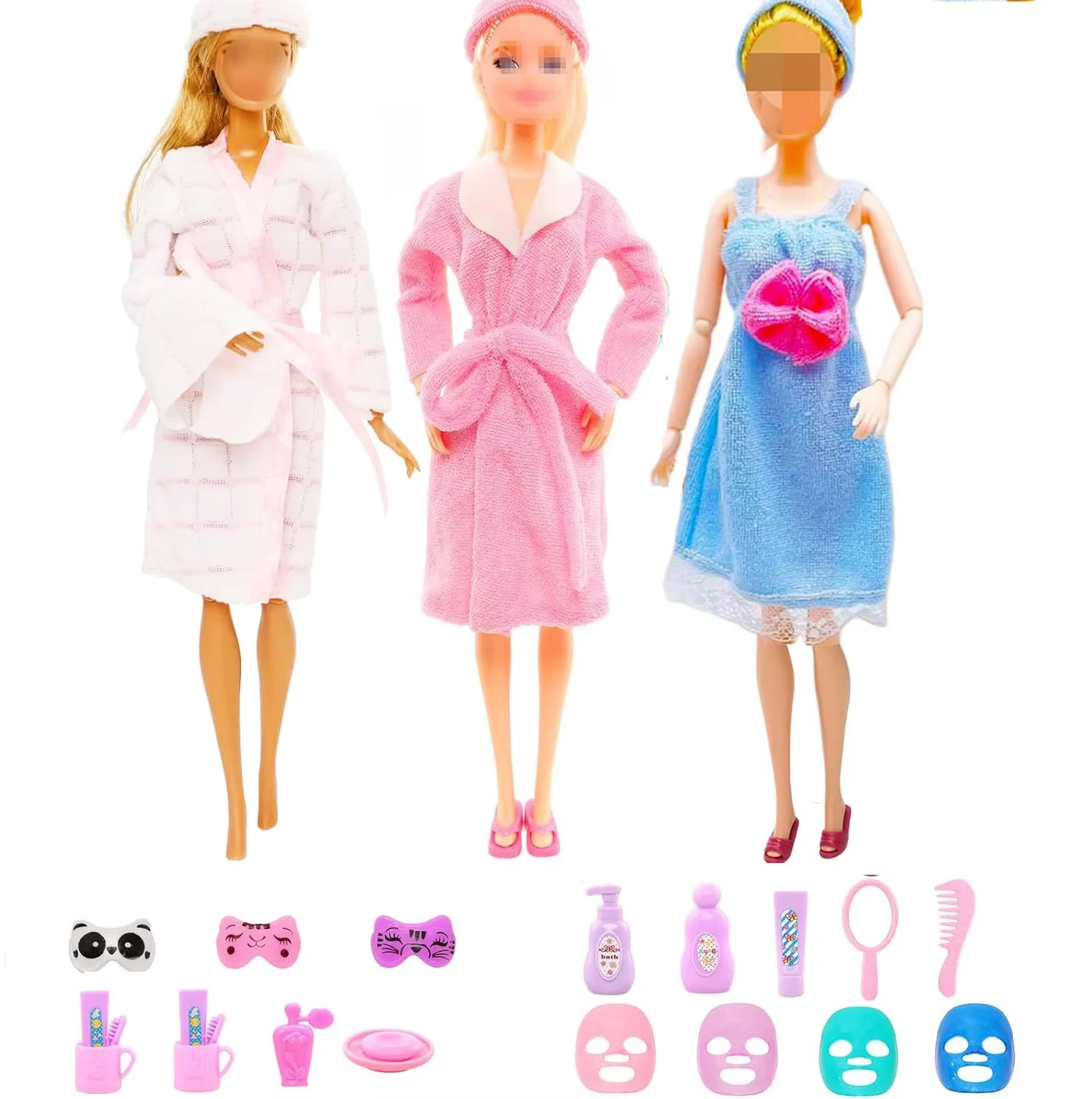 Doll Sleeping Clothes Accessories 23 Pcs = 3 Sets Bathrobes Pajamas Bath Towel 12 Toiletries, 8 Accessories for 11.5inch Dolls