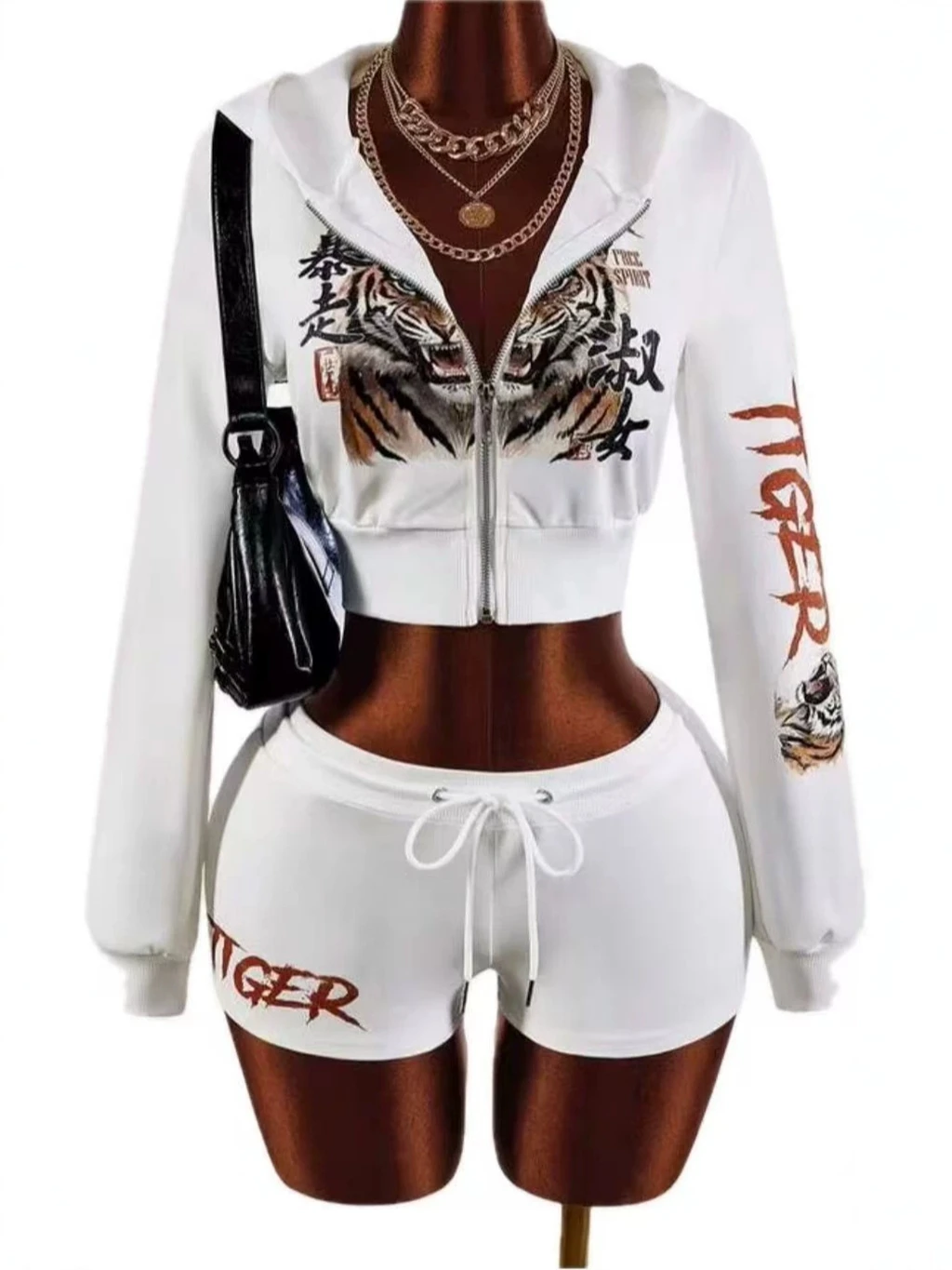Women American Tiger Letter Print Two Piece Set Cropped Zip Up Hoodie Jacket Drawstring Sports Shorts Casual Tracksuit Outfit