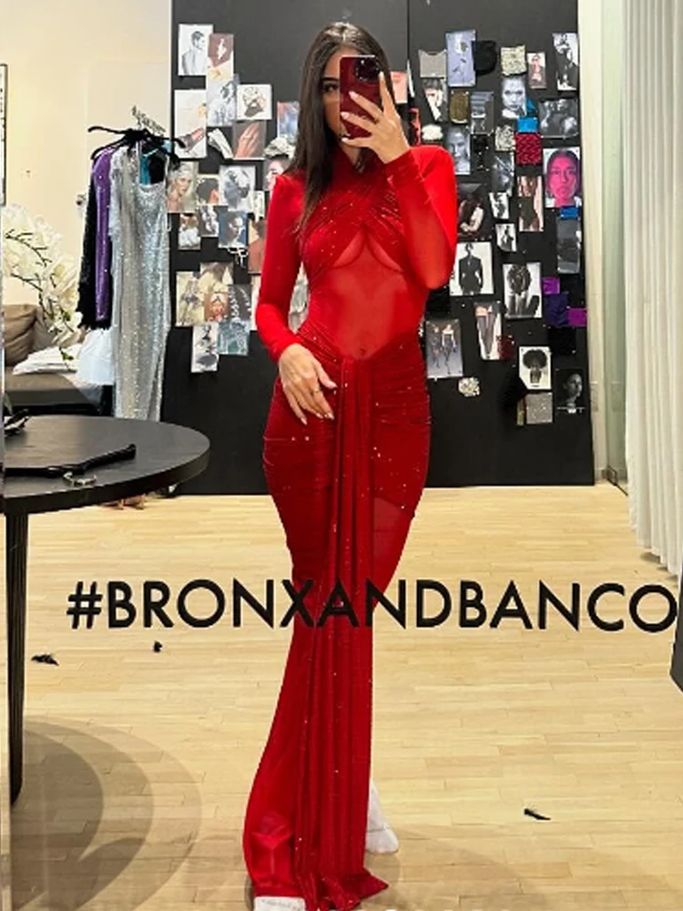 Glamorous Red Sequin Mesh Long Sleeve Dress – Deep V Neckline & High Slit Sheer Pageants Party Evening Gown