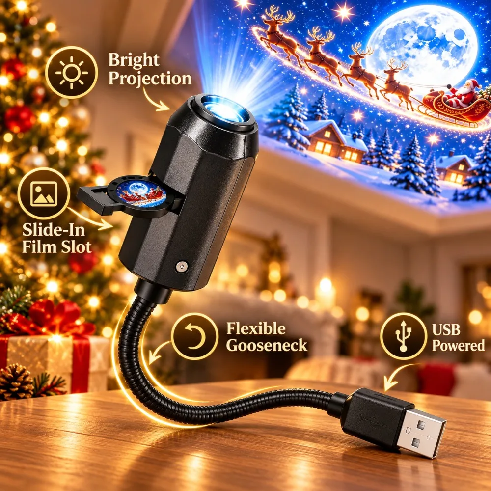 Christmas Wall Projection Lamp USB LED Holiday Light with Santa Tree Patterns for Indoor Party Displays and Seasonal Room Decor