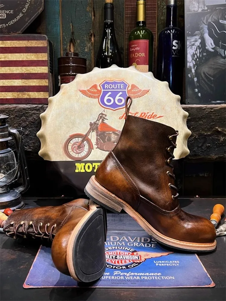 Genuine Leather Handmade Motorcycle Short Boots Mens Red Wine Lace Up Round Toe Vintage High Top Shoes Autumn Equestrian Boots
