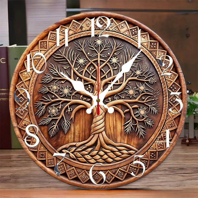 Tree Of Life Wooden Round Silent Hanging Wall Clock, Suitable For Living Room, Office, Study Room, Bedroom, Home Decoration