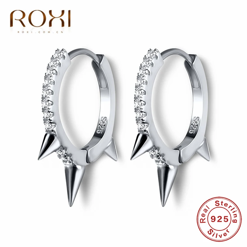 ROXI 100% 925 Sterling Silver Punk Rivet Small Open Hoop Earrings Cubic Zirconia Spike Earrings for Women Fashion Jewelry Gifts