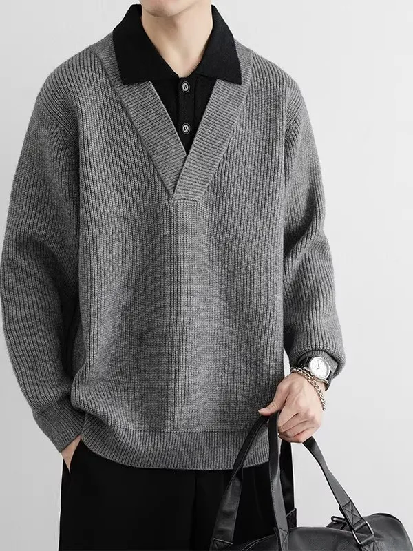 

Men's Thiened Knitted Sweater Casual Sle Collared Pullover Top for Autumn Winter Faion Comfortable Soft Polyester