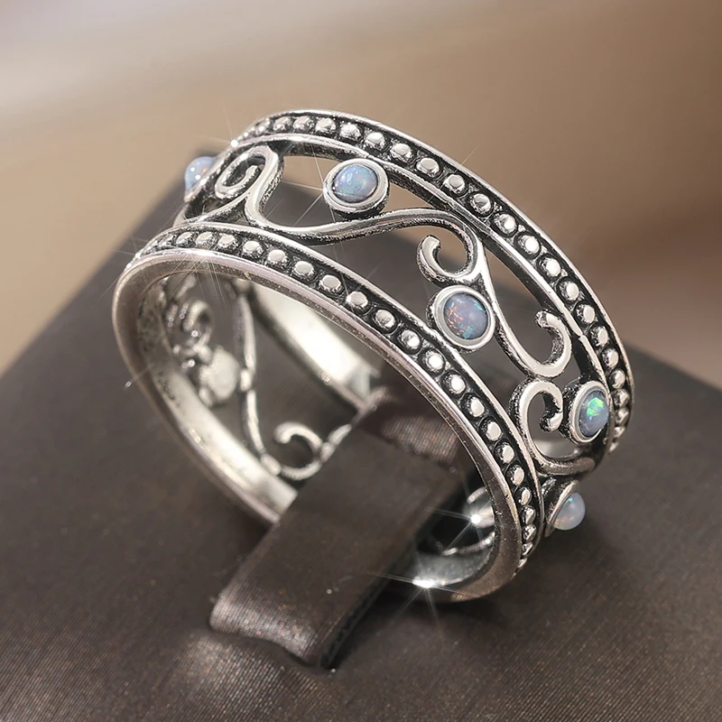 Vintage Silberfarbener Ring mit Imitiertem Opal für Damen, Geometrisches Hohldesign für Alltag und Partys – Detail 4