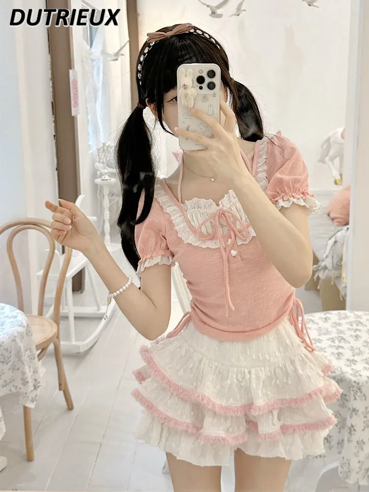 

Summer New Lace Princess Style Sweet Cute Girls T-shirt Puff Short Sleeve Pink Bow Top and Skirt Two Piece Set Outfits