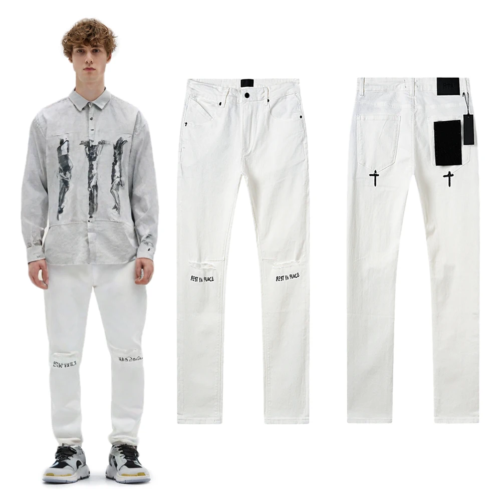 

Y2k Streetwear Letter Printed Slim Fit White Jeans with Ripped Hole Hiphop Street Style Cotton Retro Fashion Casual Skinny Pants