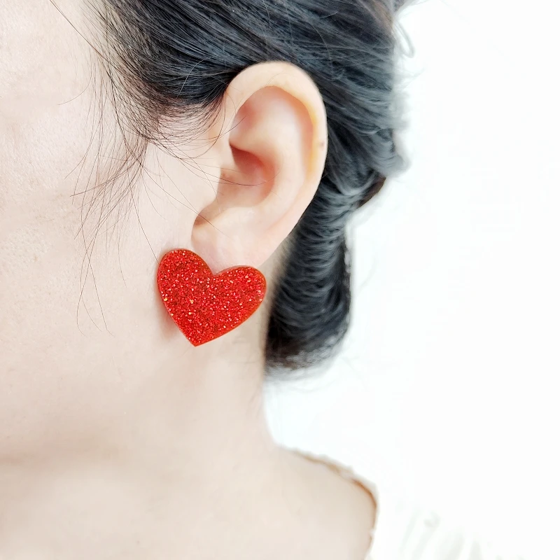 KUGUYS Cute Glitter Peach Heart Stud Earring for Women Acrylic Fashion Summer Jewelry Accessories