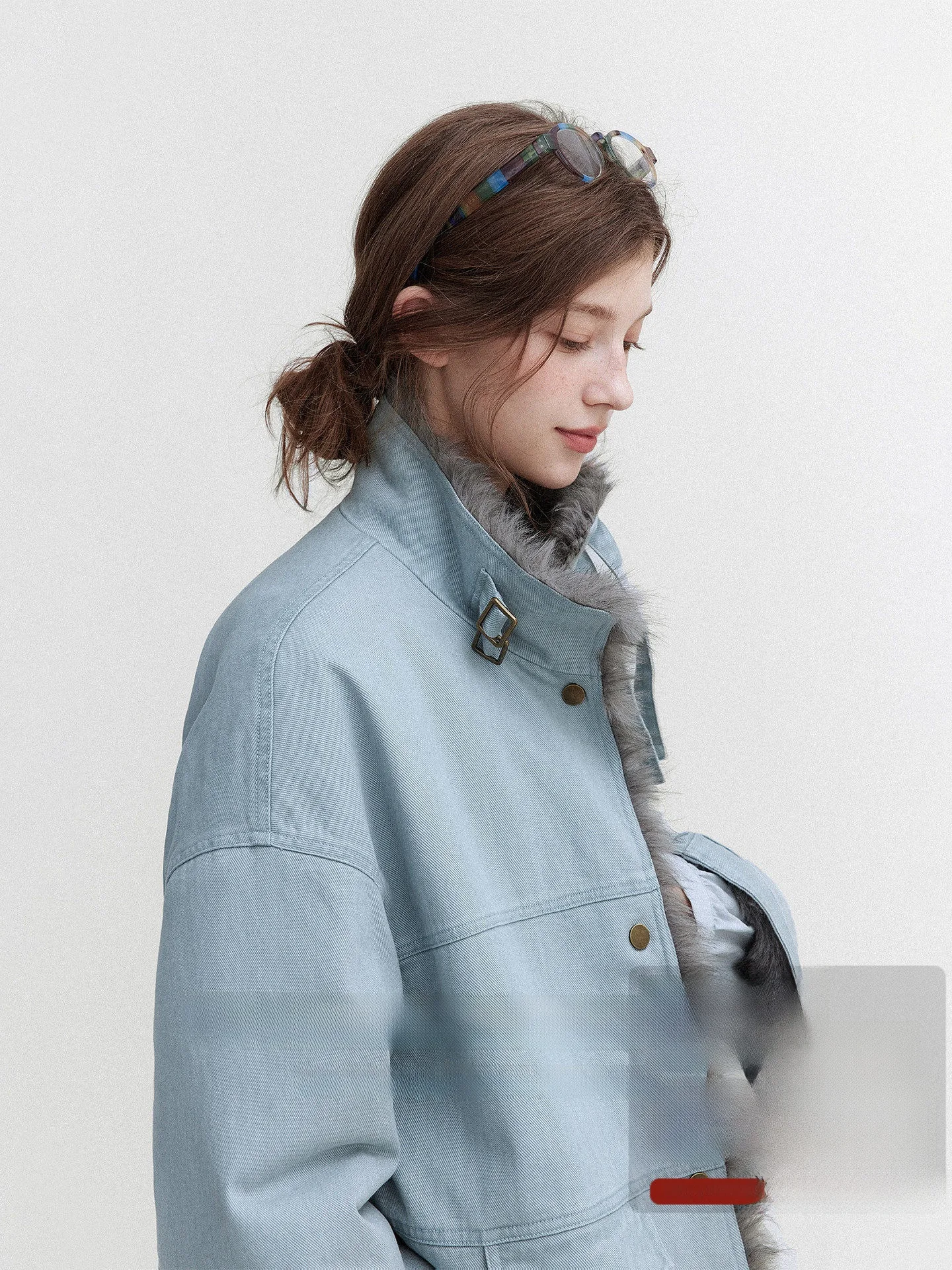 

Vintage Washed Denim Plaid Soft Inner Full Fur Parka Jacket Women's Nordic Retro Style Cotton Long Sleeve Coat for Ladies