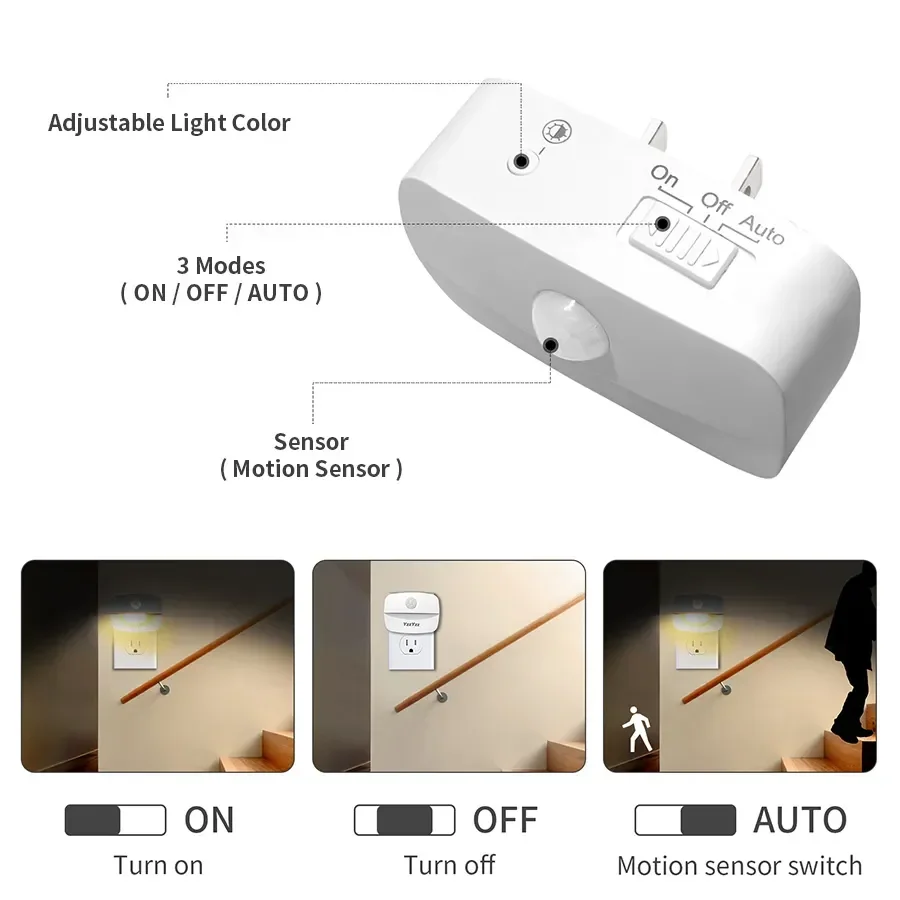 Luz LED nocturna con Sensor de movimiento, lámpara de noche con enchufe europeo y estadounidense, decoración para dormitorio de niños, pasillo, escaleras, WC, mesita de noche