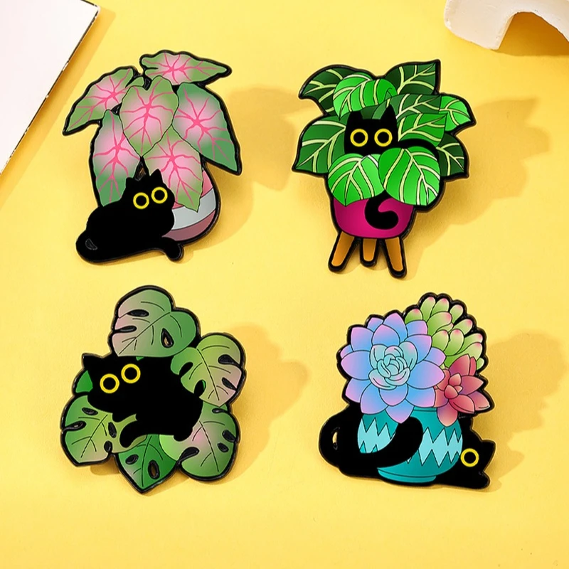 New Green Plant Cat Brooch Metal Cartoon Animal Black Cat Alloy Pin Badge DIY for Clothes Bags Shoes Hat Scarf T-shirt Jeans