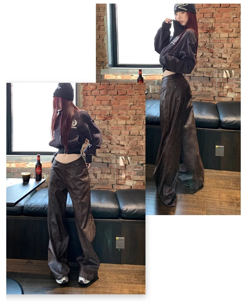 Lautaro Spring Long Loose Casual Soft Distressed Brown Pu Leather Wide Leg Pants for Women High Waist Korean Style Fashion 2024