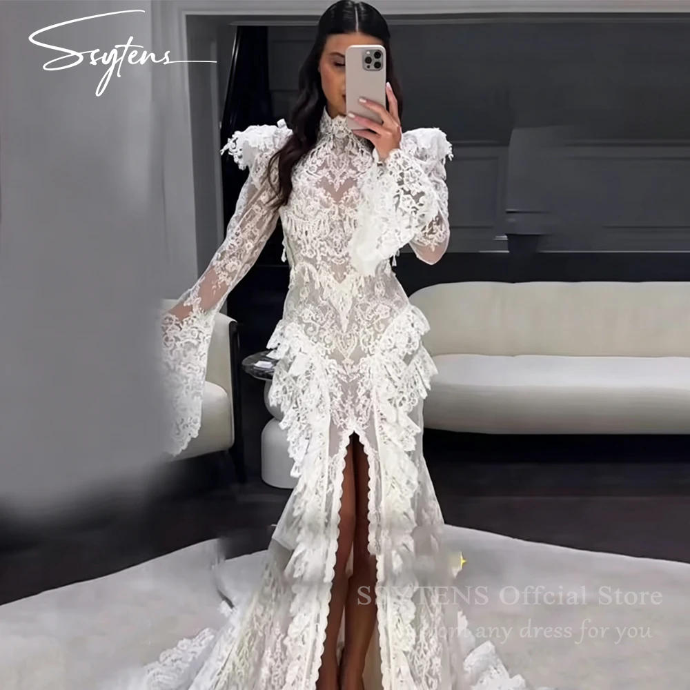 SSYTENS Spitzen-Meerjungfrau-Hochzeitskleider, sexy, hoher Kragen, lange Ärmel, Brautkleid, rückenfrei, Prinzessin-Brautkleid, individuell gestaltet