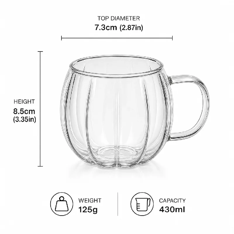 2/4PCS 430ml High Borosilicate Glass Pumpkin Mug with Handle Heat-resistant Breakfast Milk Cup Ribbed Coffee Cup for Home Office