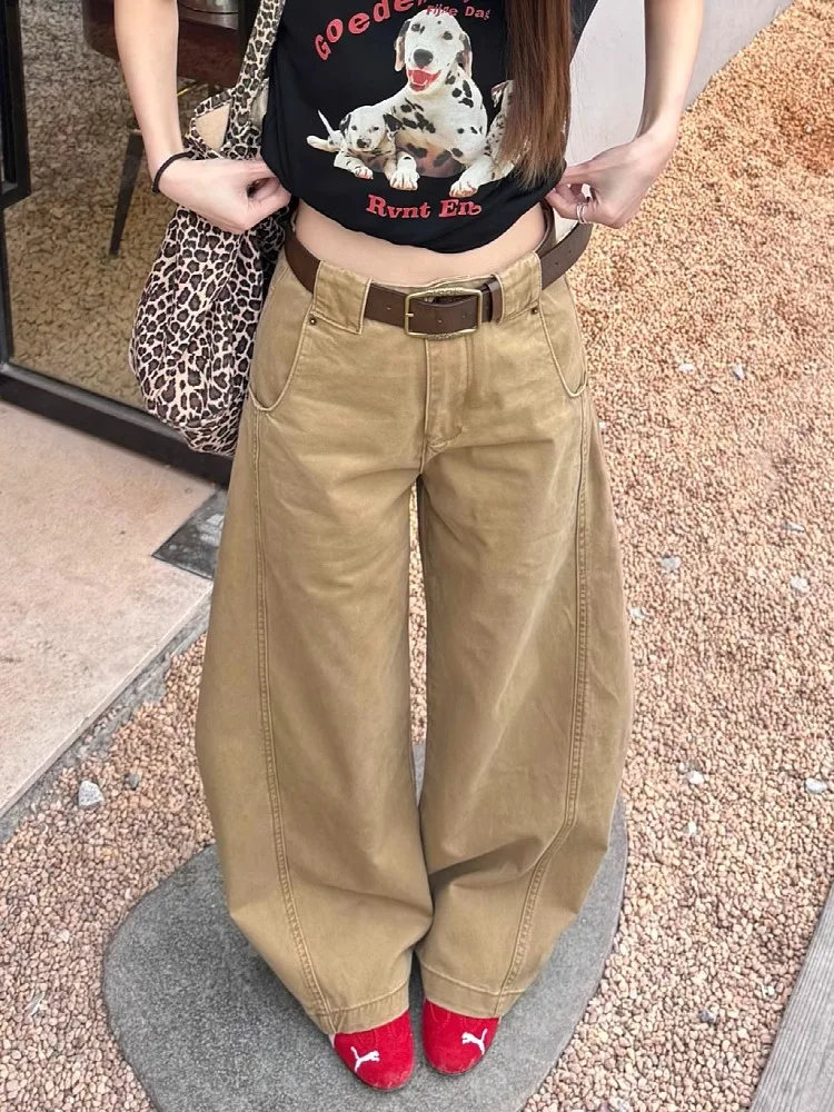 

American Y2k Retro Khaki Curved Knife Casual Jeans For Women 2025 New Loose Wide Leg Straight Leg Pants