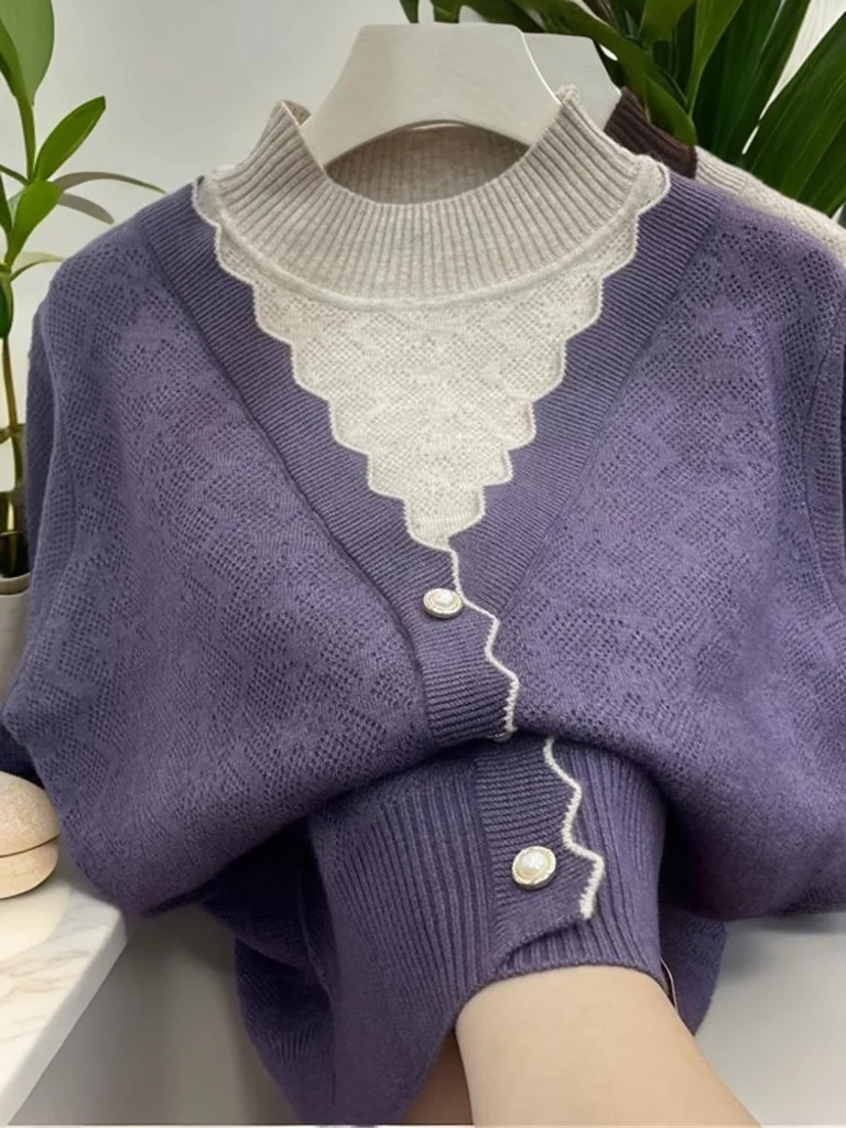 سترة شتوية محبوكة طويلة بياقة عالية لعام 2025، سترة نسائية فضفاضة ذات لون أنيق، تصميم Blo للتنقل...