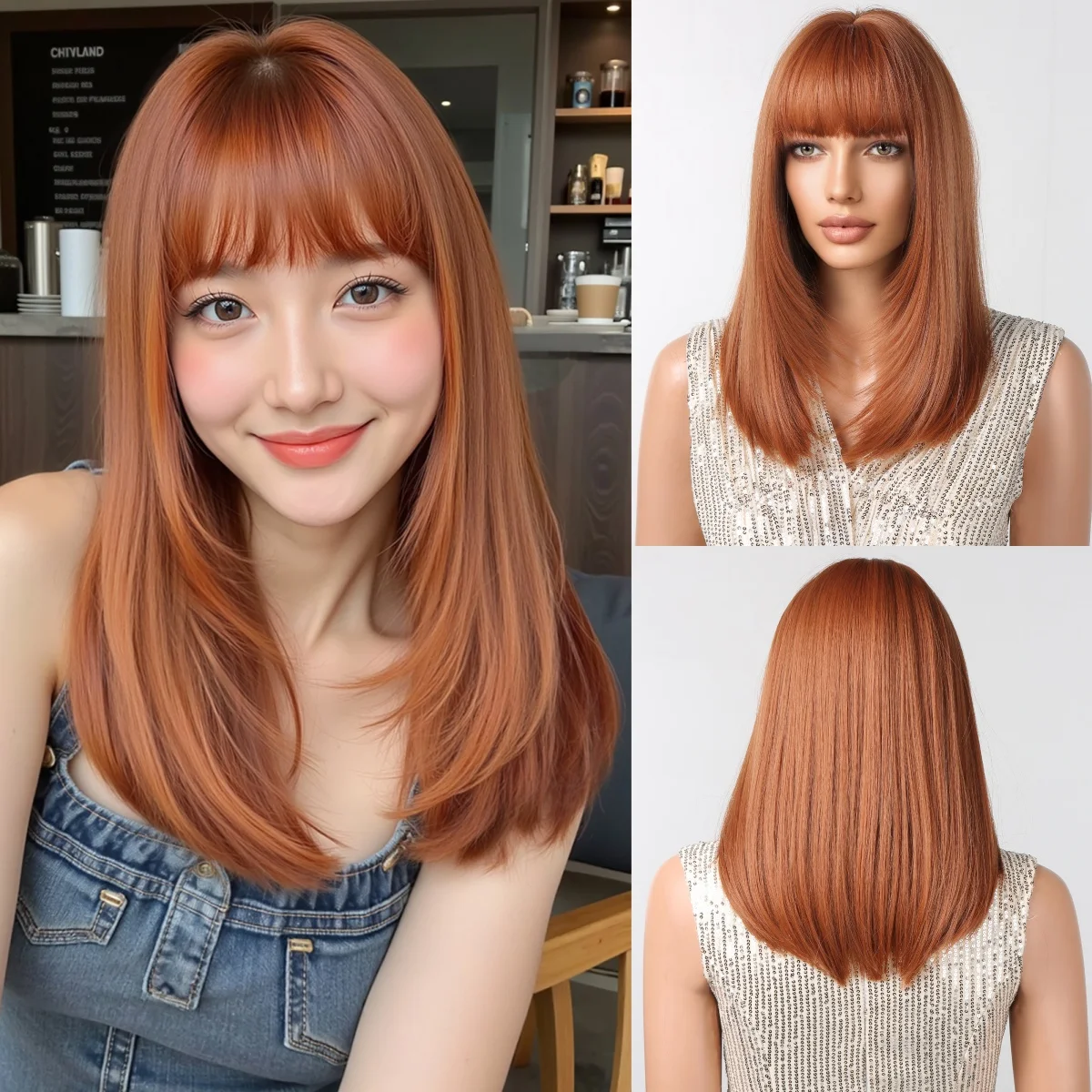 

Orange Synthetic Wigs Straight Medium Length Wig with Bangs Wig for Women Use Daily Party Cosplay Lolita Heat Resistant Fiber