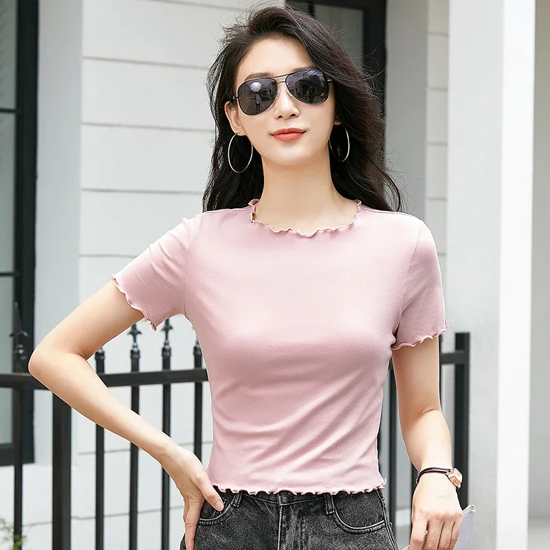 女性用半袖Tシャツ,タイトフィット,コットン,抵抗力のある,快適,新しい,夏