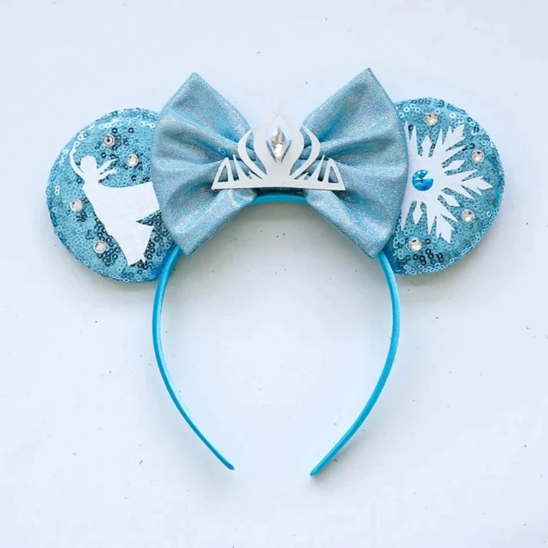 Accesorios para el cabello de Frozen para mujer, diadema con orejas de Mickey Mouse, princesa Elsa, Anna, copo de nieve, corona, lazo, lentejuelas,