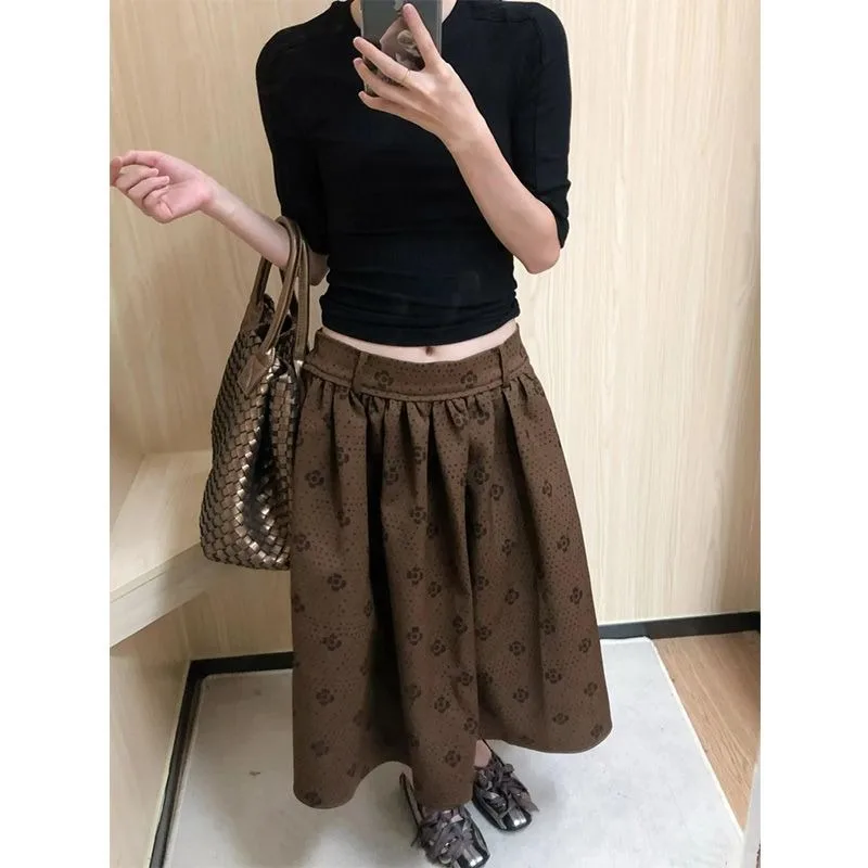 Korean Retro Floral Print Brown Mid-length Skirt Women 2025 Autumn New Streetwear High Waist Pleated Loose Casual A-line Skirt