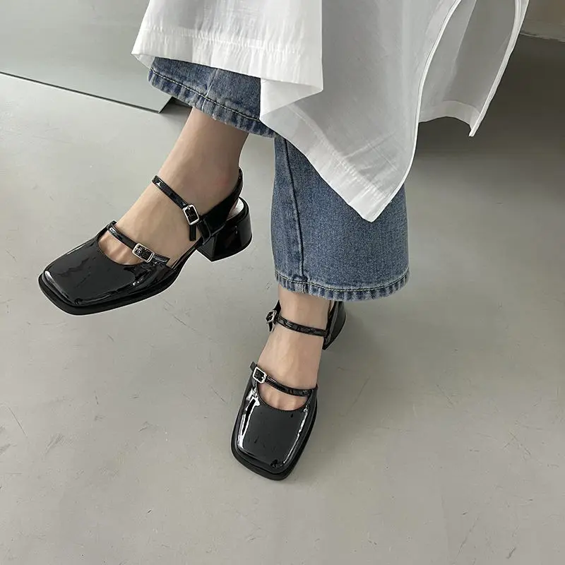 Woman Mary Jane Shoes Square Toe Heeled Closed Sandals for Women Vintage Footwear Sales Cheap Liquidation On Sale Korea Sandal